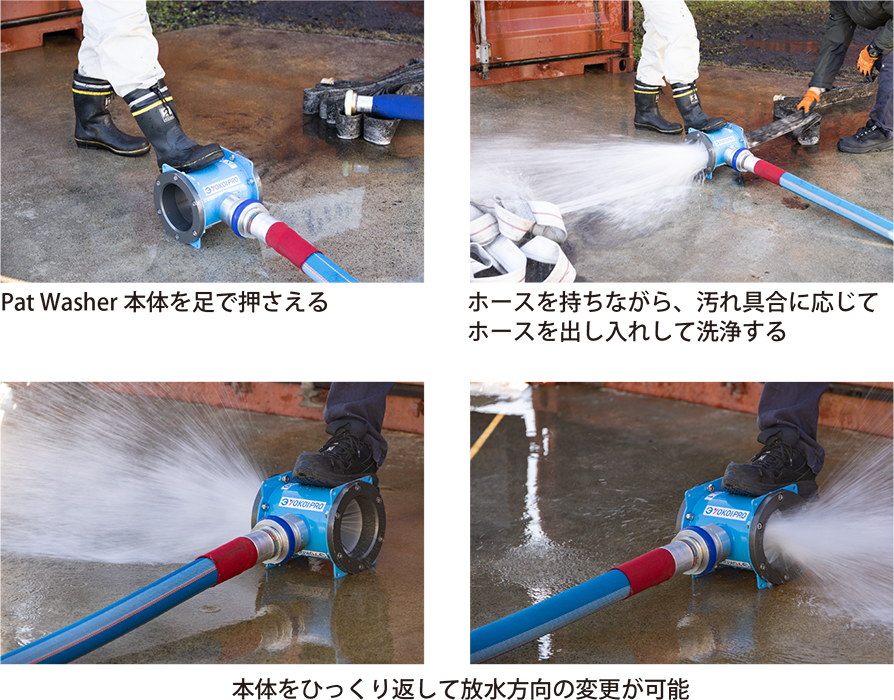 Pat Washer本体を足で押さえる。ホースを持ちながら、汚れ具合に応じてホースを出し入れして洗浄する。本体をひっくり返して放水方向の変更が可能。